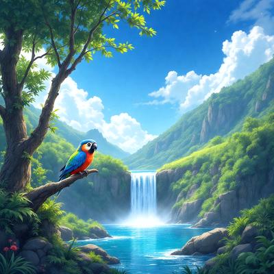The primary subject of the image is a colorful bird perched on a tree branch. The bird is surrounded by a lush, green environment, which includes a waterfall and a forest. The visual style of the image is a digital art or illustration, creating a vibrant and natural atmosphere. The colors and mood of the image are predominantly green, blue, and orange, reflecting the beauty of nature and the bird's vivid plumage.